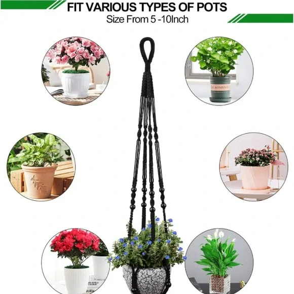 NEW Black Woven Rope Beaded Plant Pot Hangers (Set of 2) - Picture 4 of 7